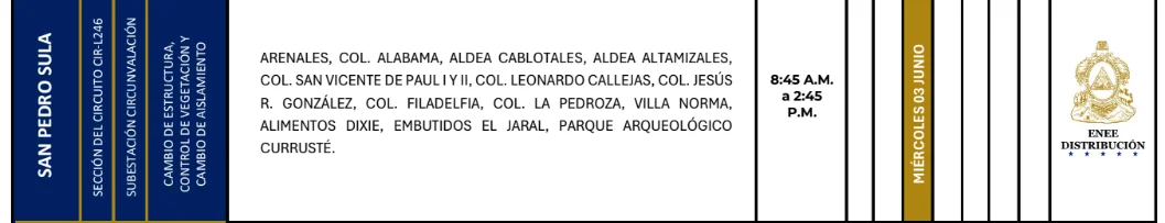 FotoZonas de San Pedro Sula que no tendrán energía este miércoles 3 de junio,según la ENEE.s de ñas