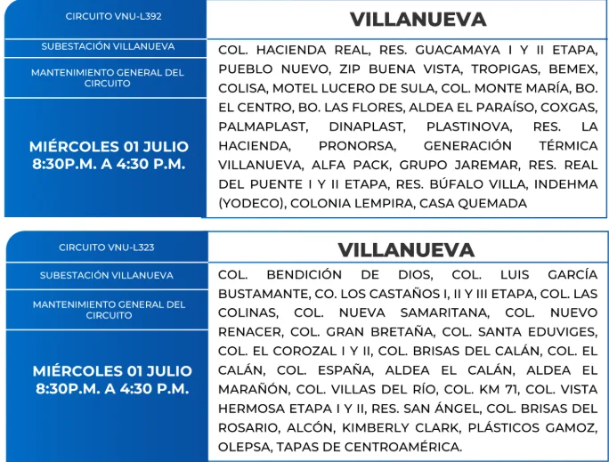 Foto de las Zonas de Villanueva estarán sin energía este miércoles 1 de julio, según la ENEE.