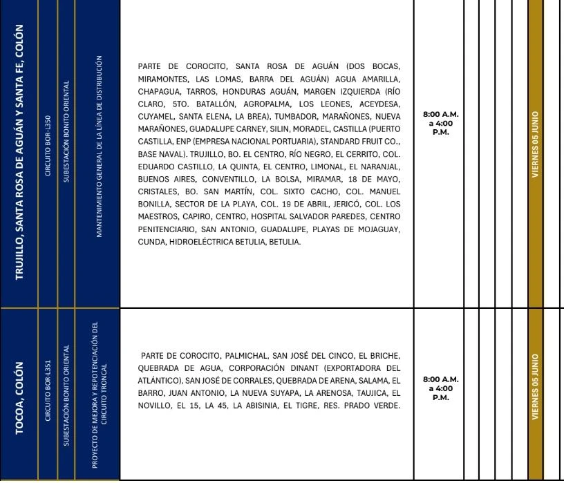 Cortes de energía en Colón para el viernes 5 de junio de 2026.