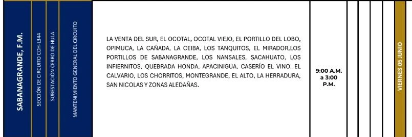 Cortes de energía en Sabanagrande para el viernes 5 de junio de 2026.