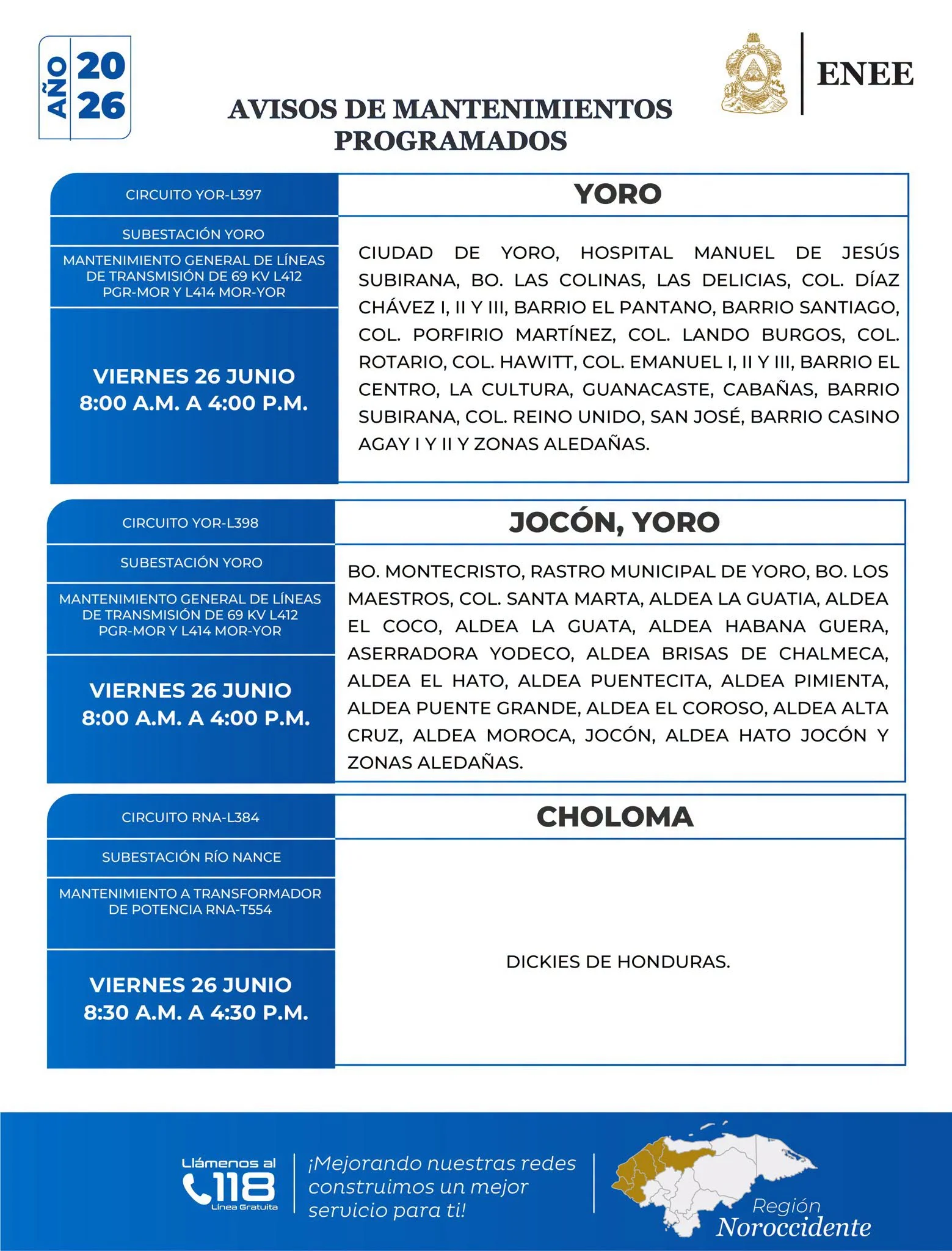Cortes de energía en Yoro y Choloma el viernes 26 de junio de 2026. 