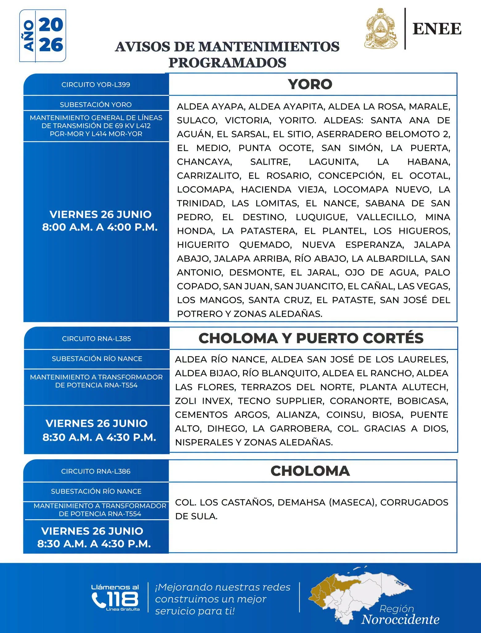 Cortes de energía en Yoro, Choloma y Puerto Cortés el viernes 26 de junio de 2026.