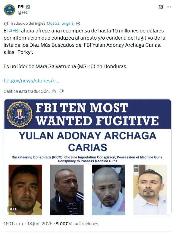 Publicación del FBI sobre recompensa por El Porky