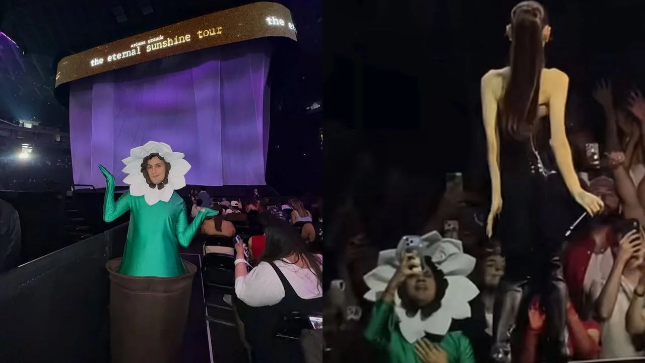Giacomo Benavides vestido de pétalo en concierto de Ariana Grande.