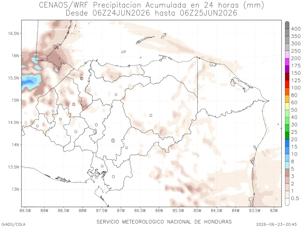 Mapa de pronóstico de lluvias en Honduras