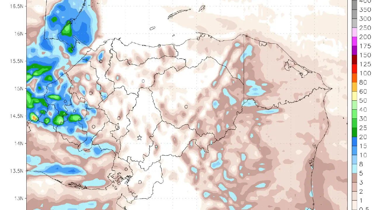 Mapa satelital de lluvias estimadas en Honduras