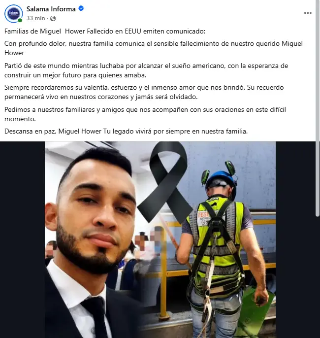 Captura del comunicado de la familia a través de Salamá Informa. Foto: Captura de pantalla  