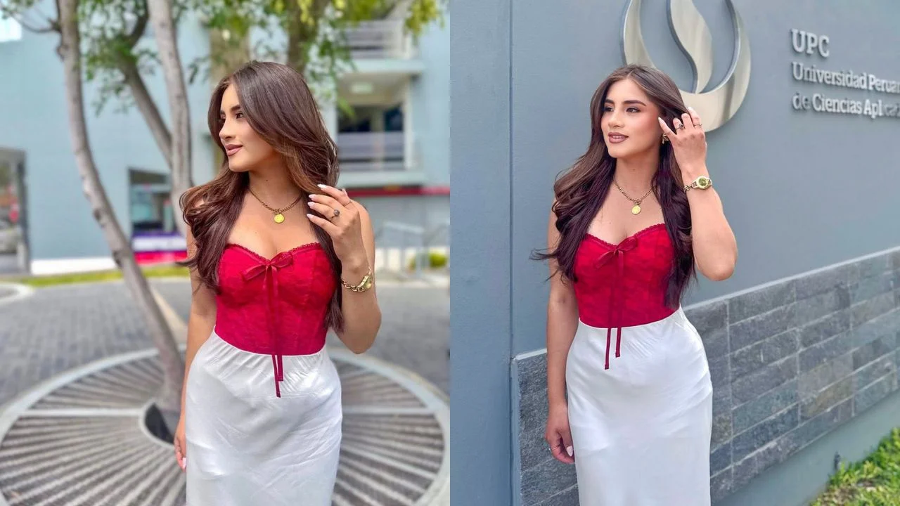Kate Mayta del Río con top rojo y falda blanca.