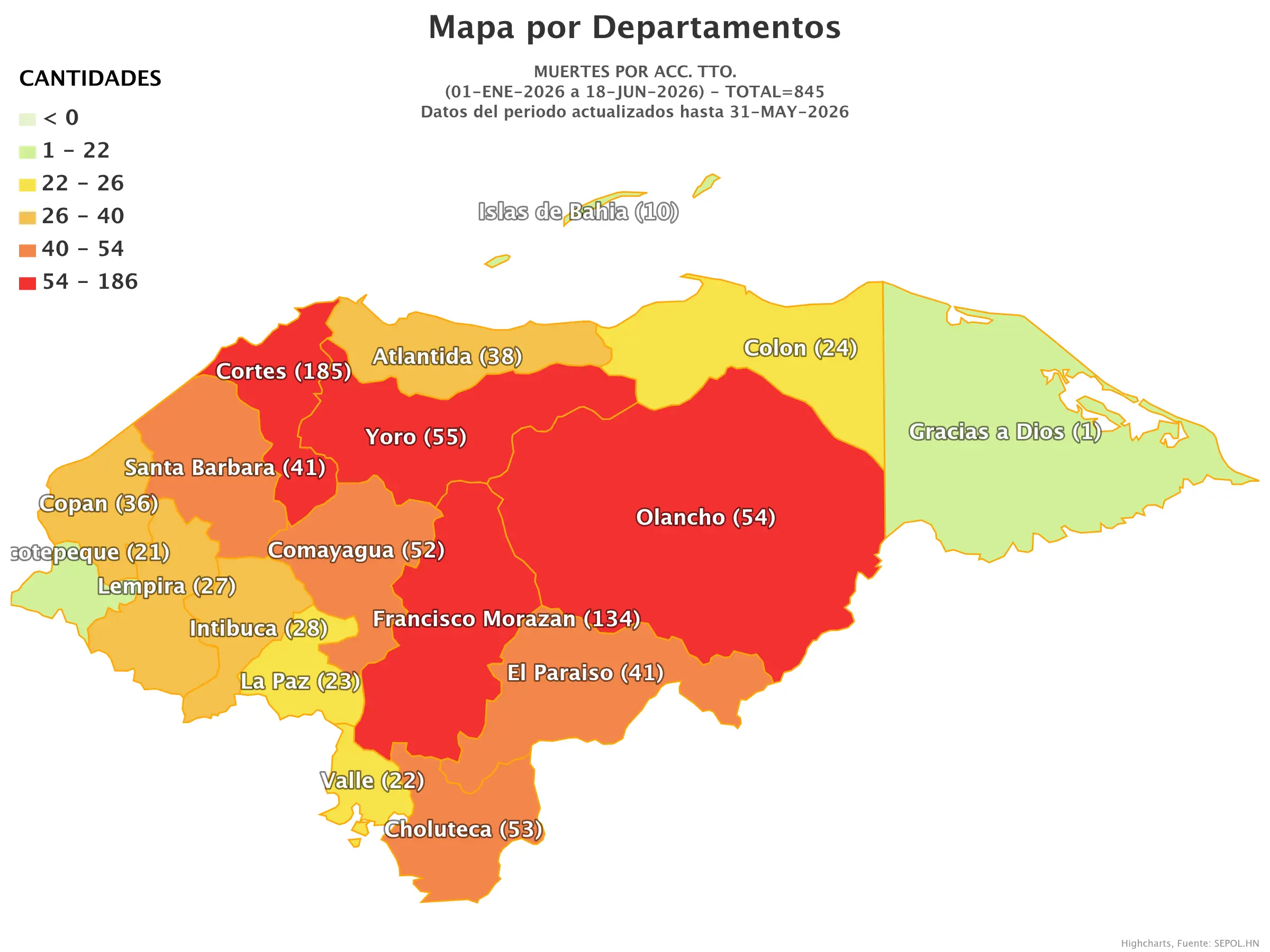 Mapa de muertes en accidentes de tránsito en Honduras