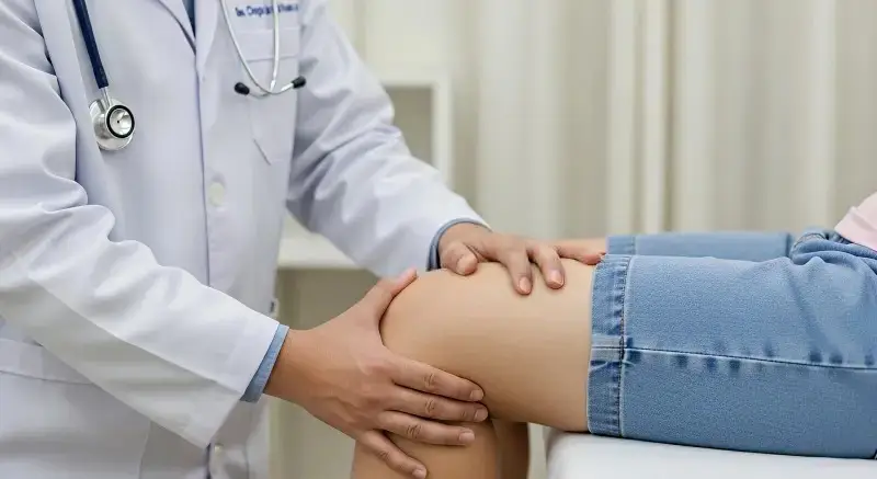 Foto de un médico revisando la rodilla de una menor