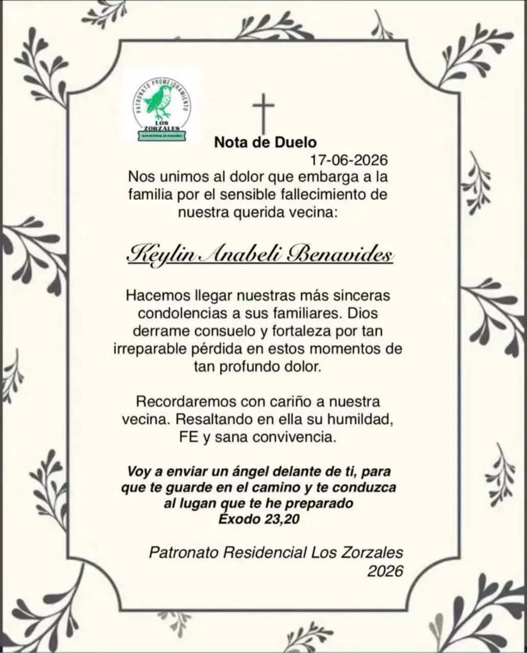 Nota de duelo de la residencial 'Los Zorzales'