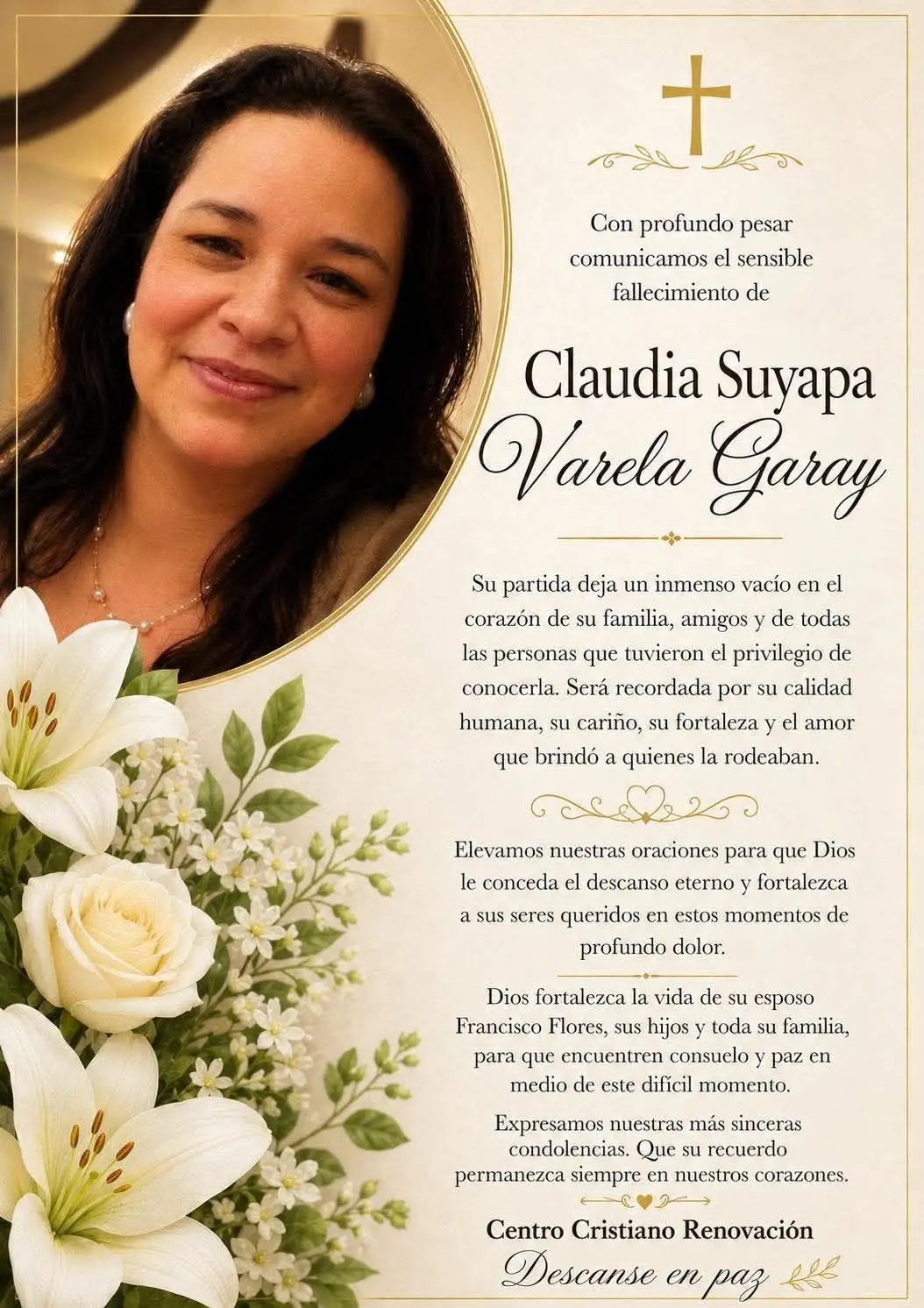 nota de duelo por Claudia Varela, víctima de derrumbe en el anillo 