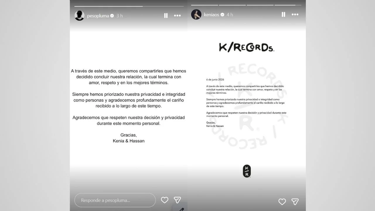 Historias de Instagram de Peso Pluma y Kenia Os con el comunicado del fin de su relación sentimental.