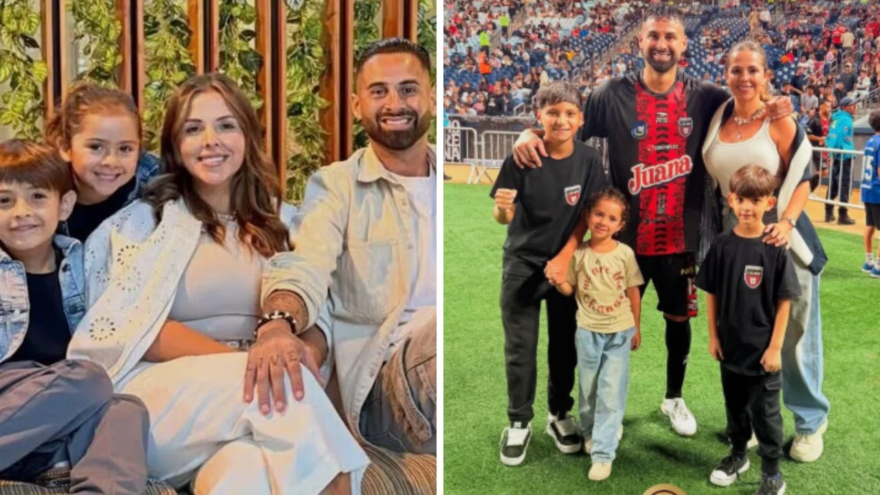 Collage de fotos de Lucas Trejo junto a su esposa 