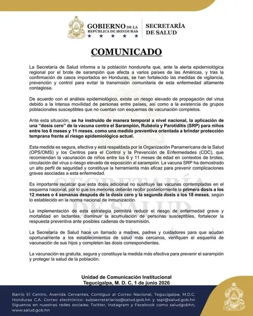 Comunicado de Salud sobre vacuna contra el sarampión