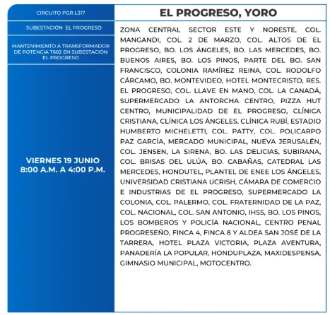 Foto de las Zonas de Progreso, Yoro que estarán sin energía este viernes 19 de junio, según la ENEE.