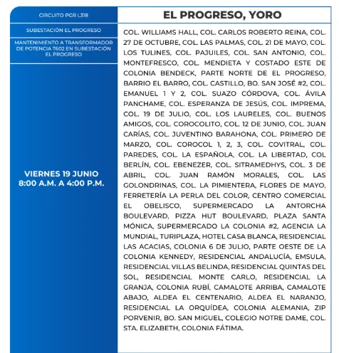 Foto de las Zonas de Progreso, Yoro que estarán sin energía este viernes 19 de junio, según la ENEE.
