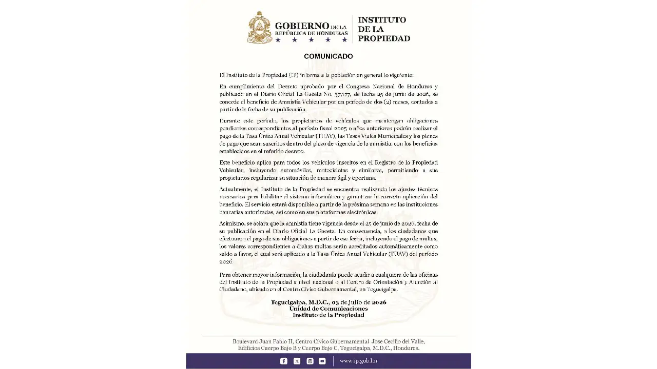 Comunicado emitido por el Instituto de la Propiedad.