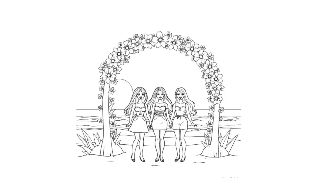 Tres chicas con falda y cabello suelto posan para una fotografía con un arco de flores.