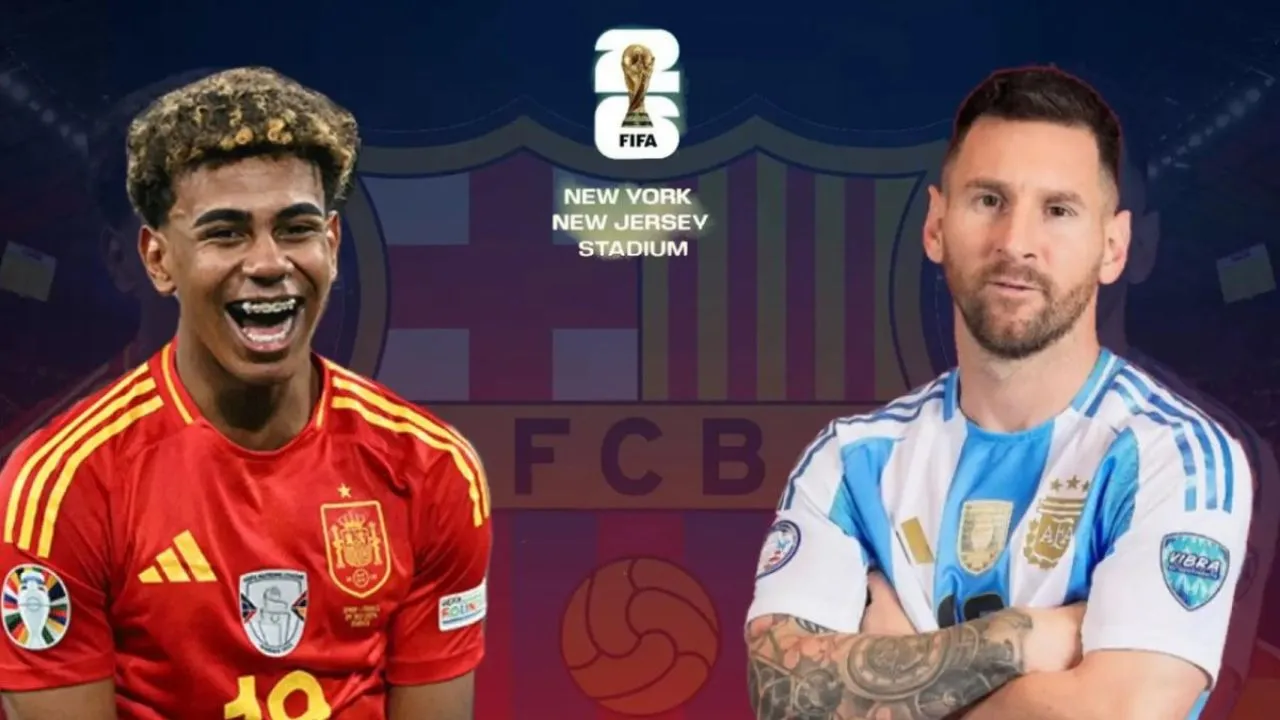 Jugador de España con un rostro de alegría y Messi con sus brazos cruzados.