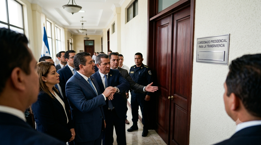 Funcionarios en una puerta cerrada
