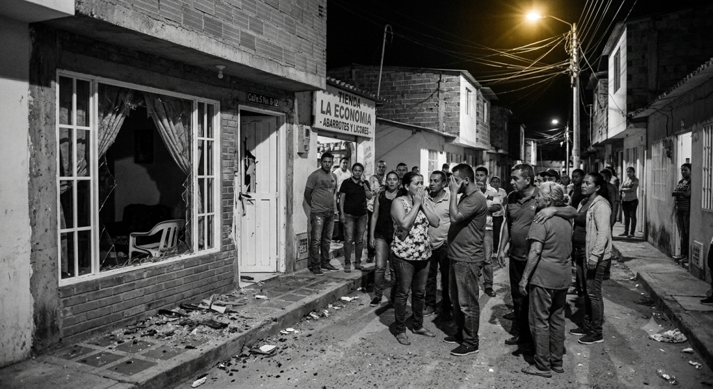 un barrio en la noche y en la esquin una casa con la ventana rota y gente alrededor