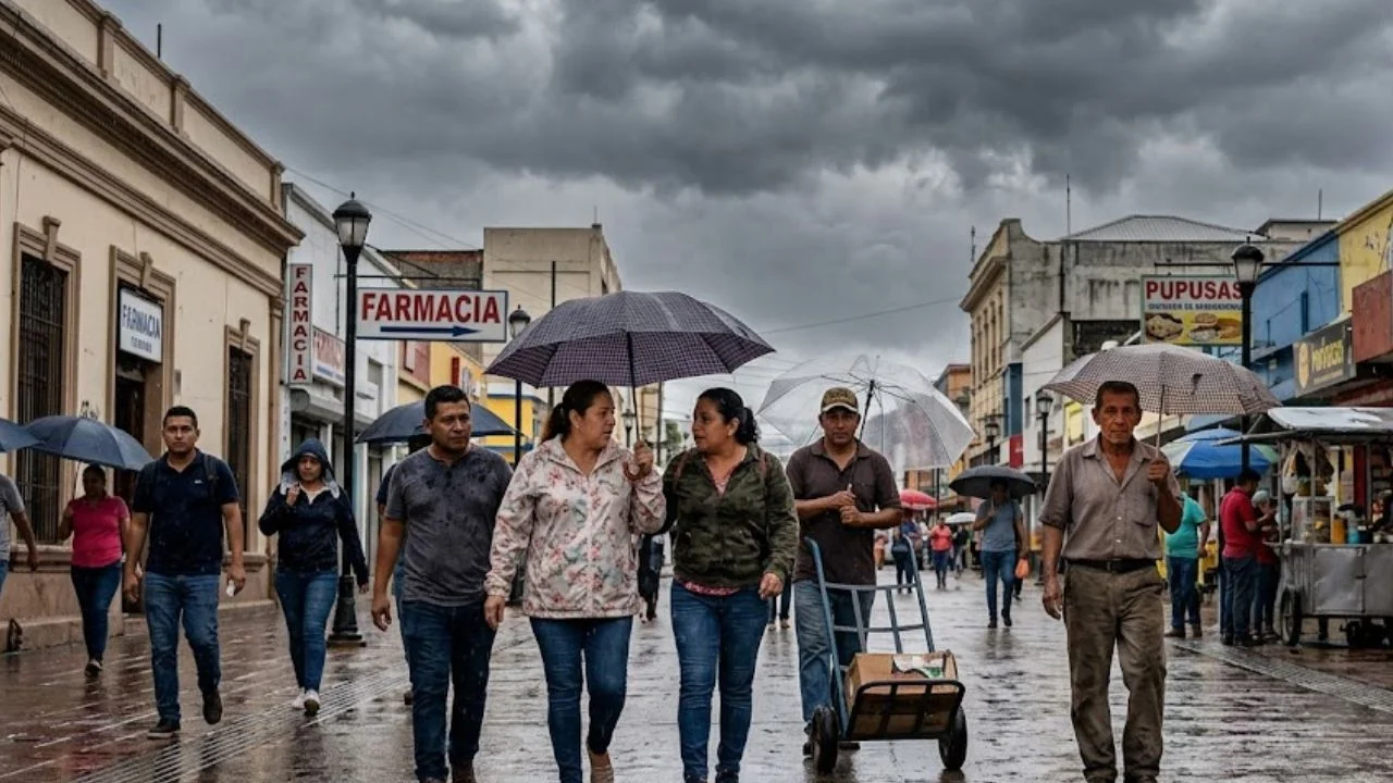 Personas se preparan con sombrillas para posibles tormentas eléctricas en horas de la tarde.