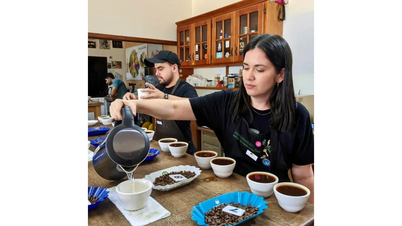 Una mujer y un hombre trabajan vendiendo café en una cafetería.