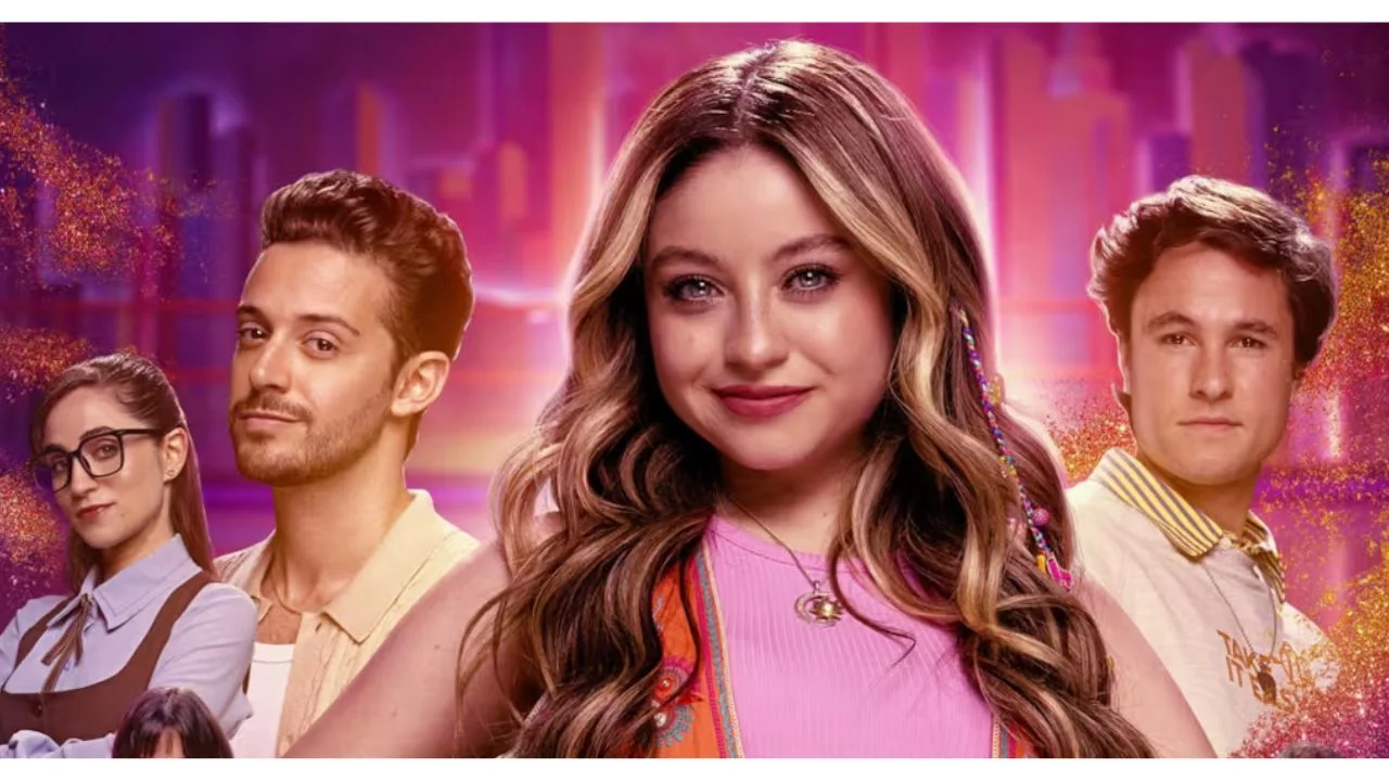 Luna Valente junto a los personajes de Soy Luna posan para una fotografía con una sonrisa.