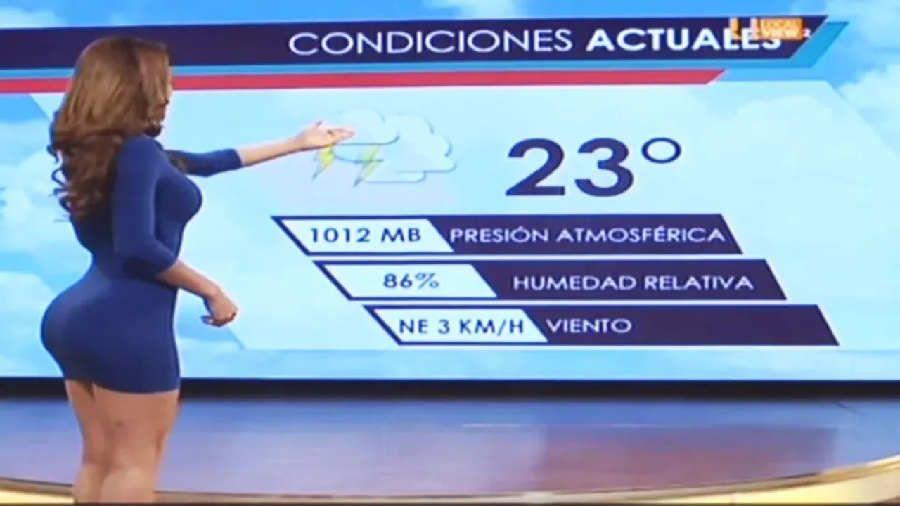 Yanet con vestido corto color azul presenta el clima en televisión.
