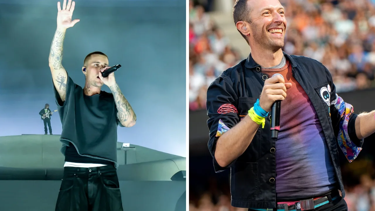 Collage de foto en la que sale Justin Bieber y Chris Martín integrante de la banda Coldplay