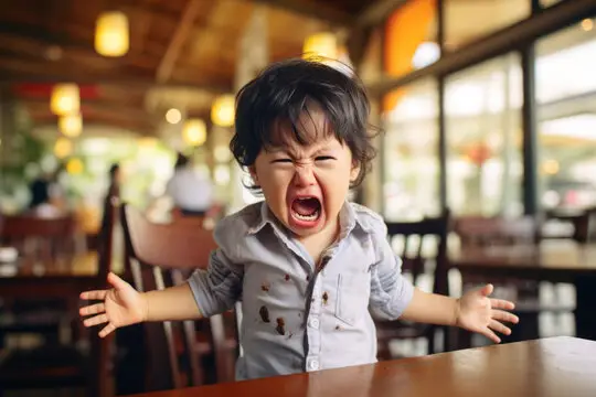 Foto de un niño llorando en una silla de restaurante