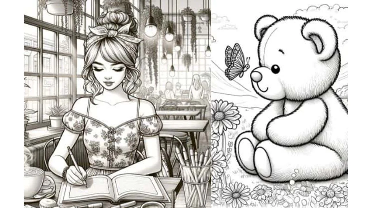 Una chica sentada en una mesa con el cabello recogido y un oso de colorear a lado derecho.