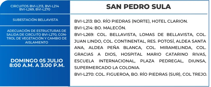 Foto de las Zonas de San Pedro Sula que estarán sin energía eléctrica este domingo 5 de julio, según la ENEE.