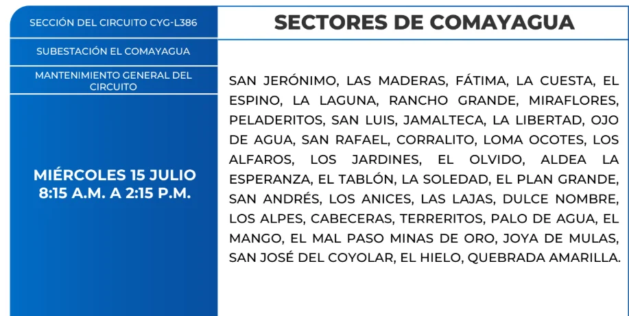Foto de las Zonas sin energía en Comayagua este miércoles 15 de julio, según la ENEE.