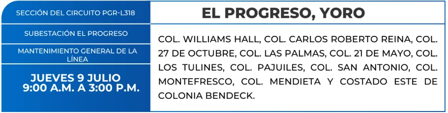Foto de las Zonas de El Progreso, Yoro estarán sin energía eléctrica este jueves 9 de julio, según la ENEE.