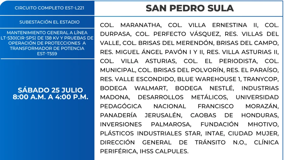 Foto de las Zonas de San Pedro Sula que estarán sin energía este sábado 25 de julio, según la ENEE.