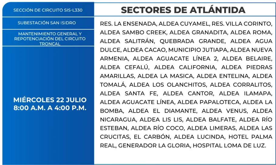 Foto de las zonas de Zonas de Atlántida que estarán sin energía este miércoles 22 de julio, según la ENEE.