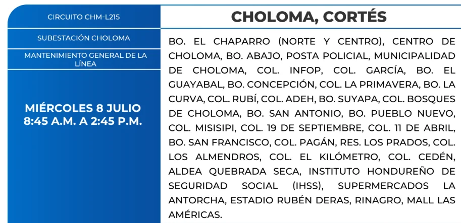 Foto de las Zonas de Choloma, Cortés que estarán sin energía este miércoles 8 de julio, según la ENEE.