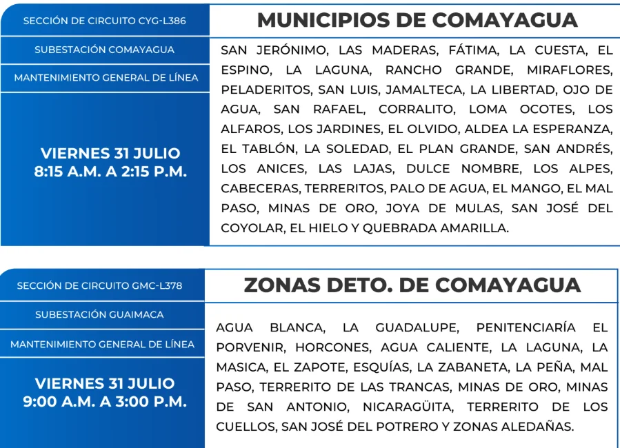 Foto de las Zonas de Comayagua que estarán sin energía eléctrica este viernes 31 de julio, según la ENEE.