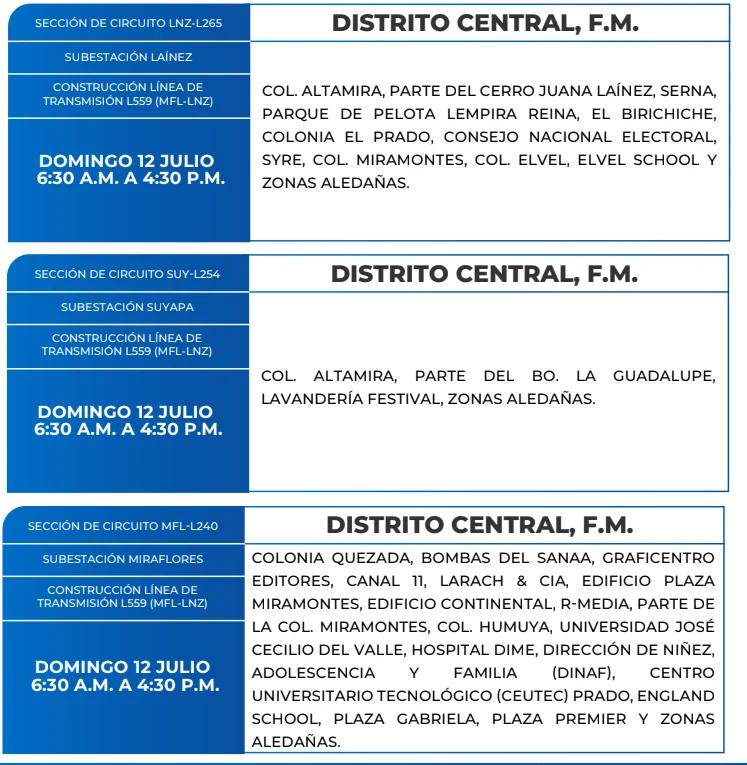 Foto de los Cortes de energía de la ENEE el domingo 12 de julio afectarán barrios e instituciones del Distrito Central, según la ENEE.