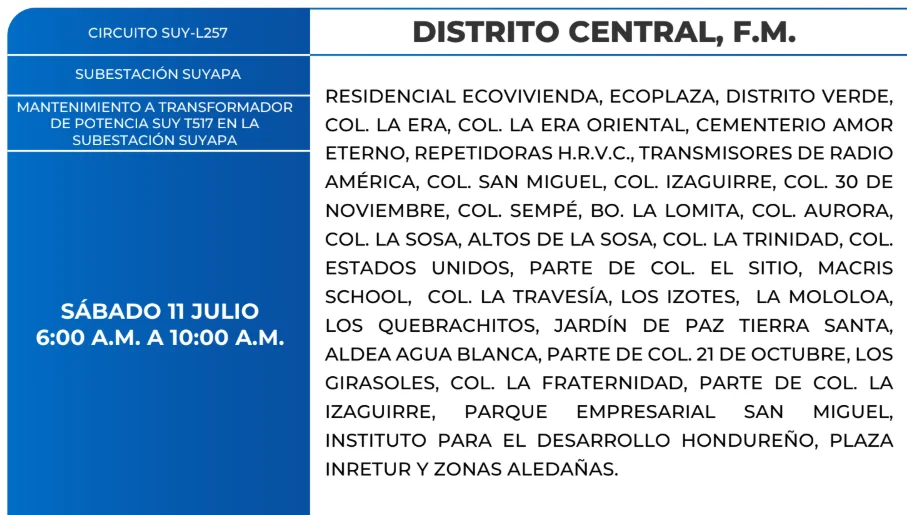 Foto de las Zonas de el Distrito Central que estarán sin energía este sábado 11 de julio, según la ENEE.