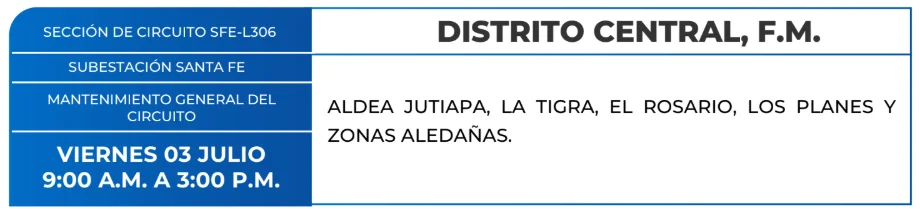 Foto de las Zonas de el Distrito Central que estarán sin energía este viernes 3 de julio, según la ENEE.