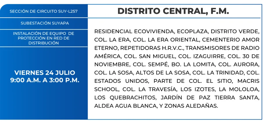 Foto de las Zonas de el Distrito Central que estarán sin energía este viernes 23 de julio, según la ENEE.