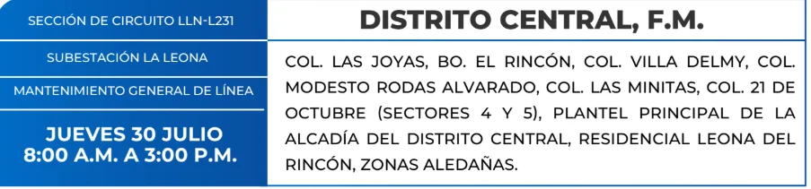 Foto de las Zonas de el Distrito Central que estarán sin energía este jueves 30 de julio, según la ENEE.