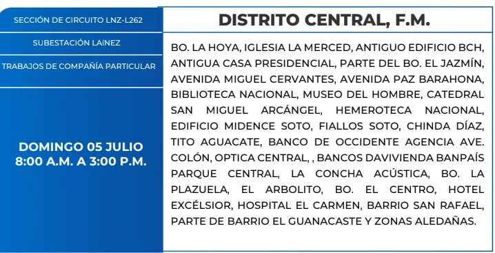Foto de las Zonas de el Distrito Central que estarán sin energía eléctrica este domingo 5 de julio, según la ENEE.