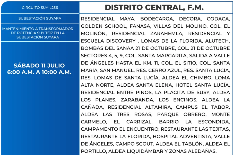 Foto de las Zonas de el Distrito Central que estarán sin energía este sábado 11 de julio, según la ENEE.