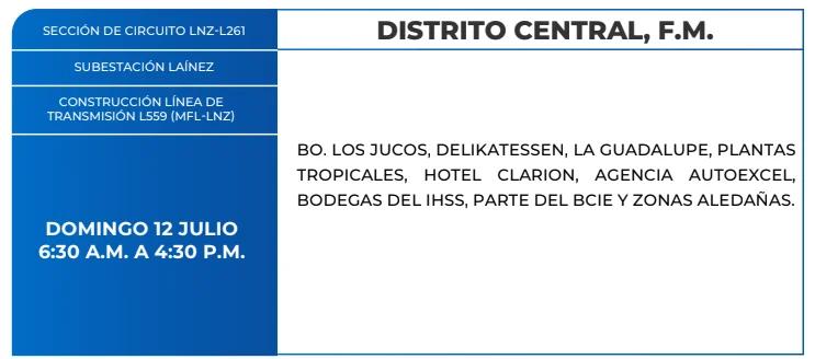 Foto Cortes de energía de la ENEE el domingo 12 de julio afectarán barrios e instituciones del Distrito Central, según la ENEE.