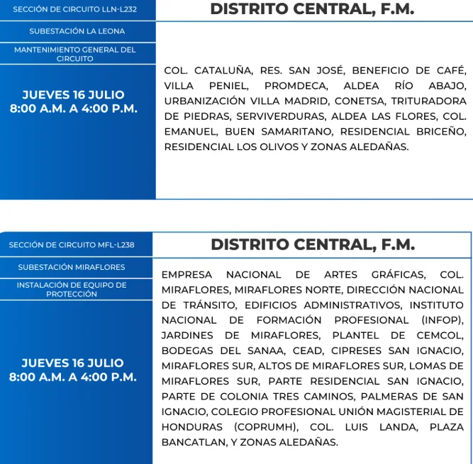 Foto de las Zonas de el Distrito Central que estarán sin energía este jueves 16 de julio, según la ENEE.