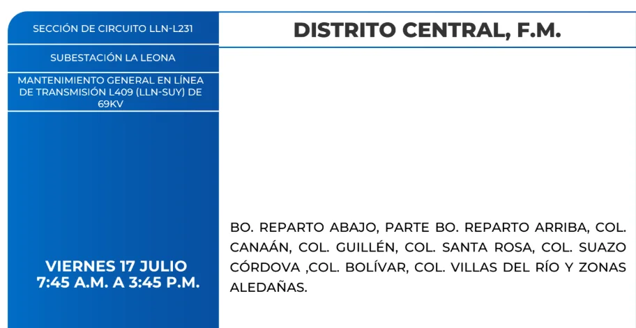 Foto de las Zonas de el Distrito Central que estarán sin energía este viernes 17 de julio, según la ENEE.